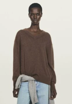 Massimo Dutti OVERSIZE V-NECK WITH LONG SLEEVE - Jumper - Dark Brown