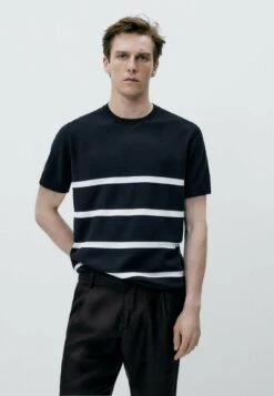 Massimo Dutti Stripe Textured - Print T-Shirt - Blue