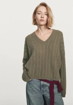 Massimo Dutti CASHMERE OVERSIZE V-NECK - Jumper - Mottled Green