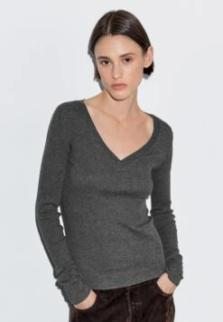 Massimo Dutti V-NECK WITH LONG SLEEVES - Long Sleeved Top - Dark Grey