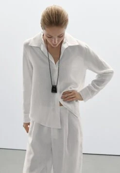 Massimo Dutti OPEN COLLAR LONG SLEEVE - Button-down Blouse - White