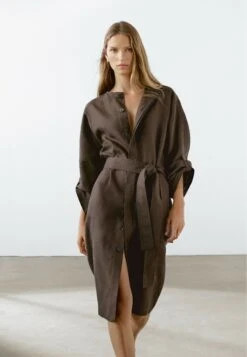 Massimo Dutti MIDI CREW NECK WITH BELT - Day Dress - Mottled Dark Brown