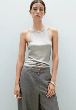 Massimo Dutti ROUND NECK WITH SHIMMERY DETAIL - Top - Silver-coloured