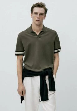 Massimo Dutti Contrast Short Sleeve - Polo Shirt - Khaki