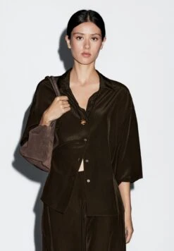 Massimo Dutti FLOWING LIGHTWEIGHT - Button-down Blouse - Dark Brown