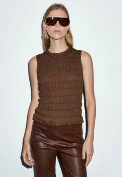 Massimo Dutti CREW NECK WITH GATHERED DETAIL - Top - Dark Brown