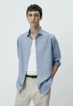 Massimo Dutti Seersucker Textured Striped - Shirt - Blue
