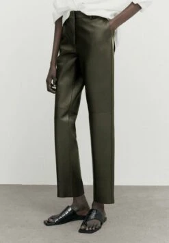 Massimo Dutti Nappa - Leather Trousers - Khaki