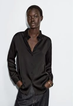 Massimo Dutti FLOWING SATIN LONG SLEEVE - Button-down Blouse - Black