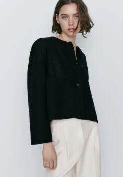 Massimo Dutti Cropped Textured- Summer Jacket - Black