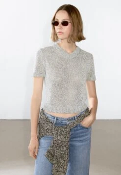 Massimo Dutti V-NECK SHORT SLEEVE WITH FABRIC DETAIL - Jumper - Grey