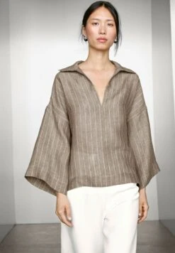 Massimo Dutti STRIPED OPEN NECK GARMENT - Blouse - Mottled Brown