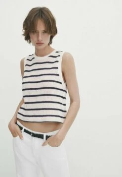 Massimo Dutti Textured Striped Crop - Top - Beige