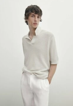 Massimo Dutti Textured Short Sleeve - Polo Shirt - Beige