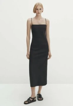 Massimo Dutti Blend Midi With Straps At The Back - Day Dress - Black