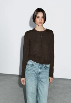 Massimo Dutti BUTTONED WITH CREW NECK - Cardigan - Mottled Dark Brown