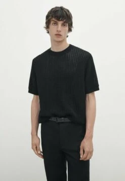 Massimo Dutti Crochet With Short Sleeves- Basic T-Shirt - Black