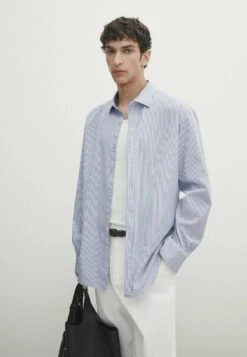 Massimo Dutti Regular Fit Striped Two Ply- Formal Shirt - Blue