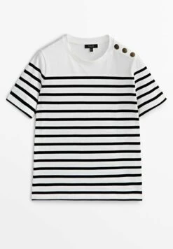 Massimo Dutti Striped With Shoulder Buttons - Print T-Shirt - White -Massimo Dutti Shop 6101250511cc4f1b99057e2d8da00ace