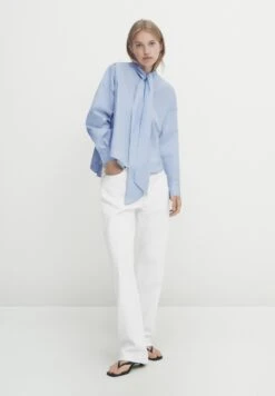 Massimo Dutti Striped With Neck Tie- Button-Down Blouse - Light Blue