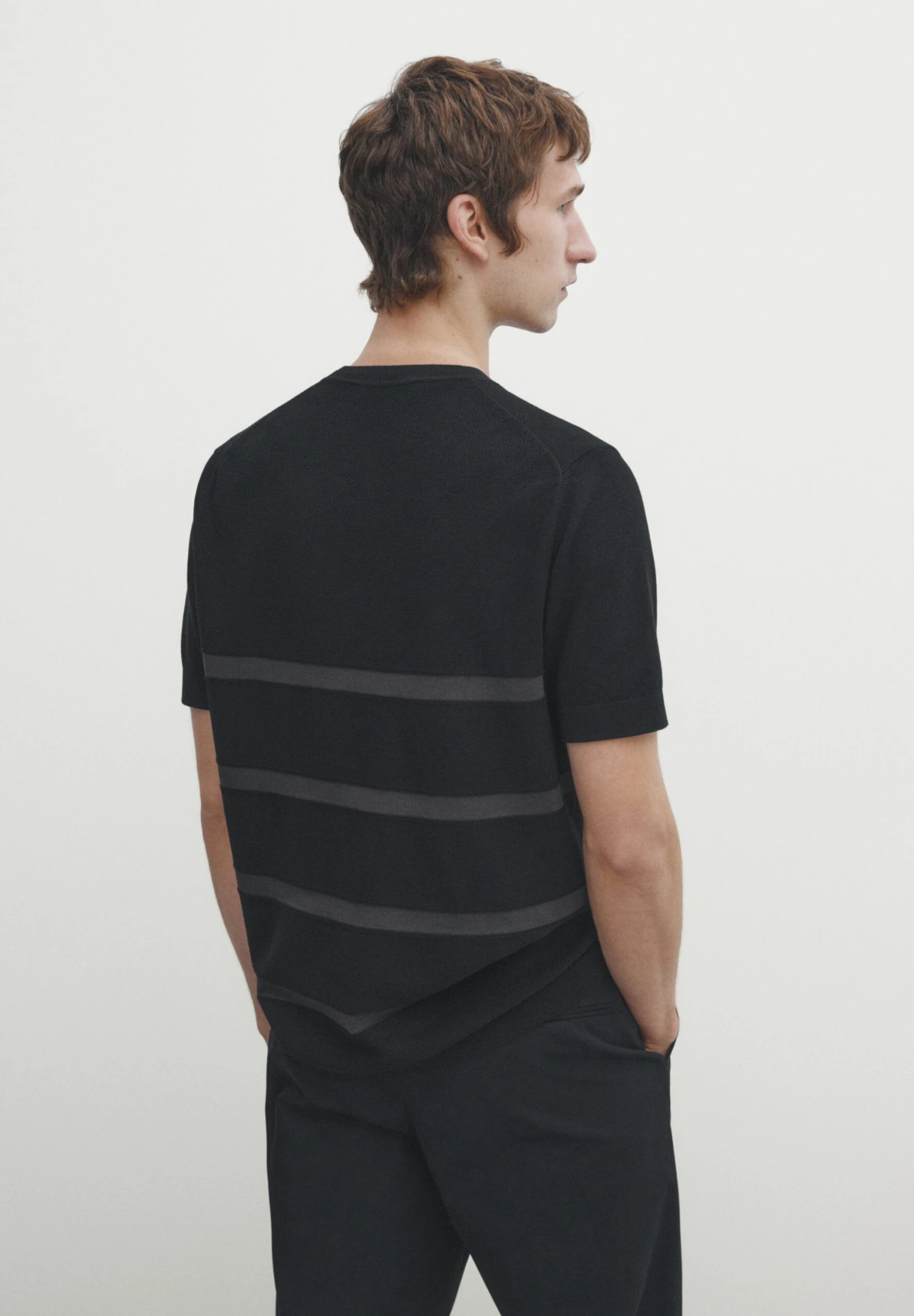 Massimo Dutti Stripe Textured - Print T-Shirt - Black 4 Massimo Dutti Stripe Textured - Print T-Shirt - Black - Image 2