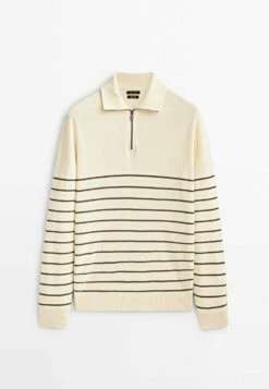 Massimo Dutti Striped Mock Neck With Zip- Jumper - Beige -Massimo Dutti Shop 64f705c3e16542dc843bfb629e368dd2
