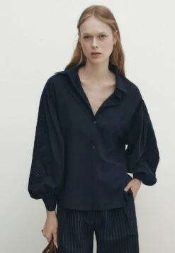 Massimo Dutti Voile With Embroidered Sleeves - Button-Down Blouse - Light Blue