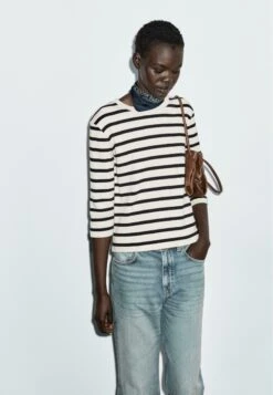 Massimo Dutti STRIPED 3/4 LENGHT SLEEVES - Long Sleeved Top - Beige