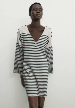 Massimo Dutti Short Striped With Button Detail- Jumper Dress - Dark Blue