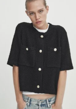 Massimo Dutti Textured With Pockets - Cardigan - Black