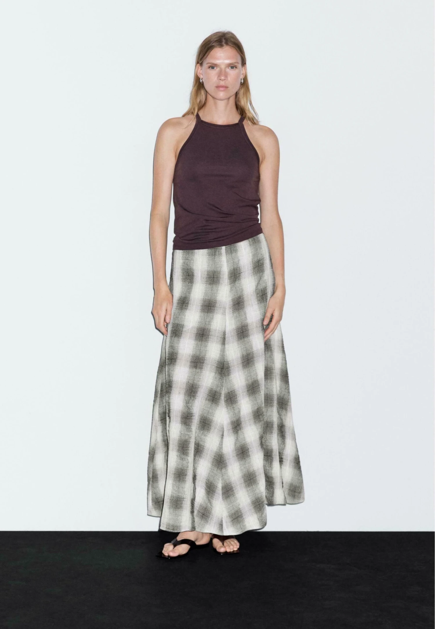 Massimo Dutti LONG FLARED CHECK - Maxi Skirt - Grey 4 Massimo Dutti LONG FLARED CHECK - Maxi Skirt - Grey - Image 2