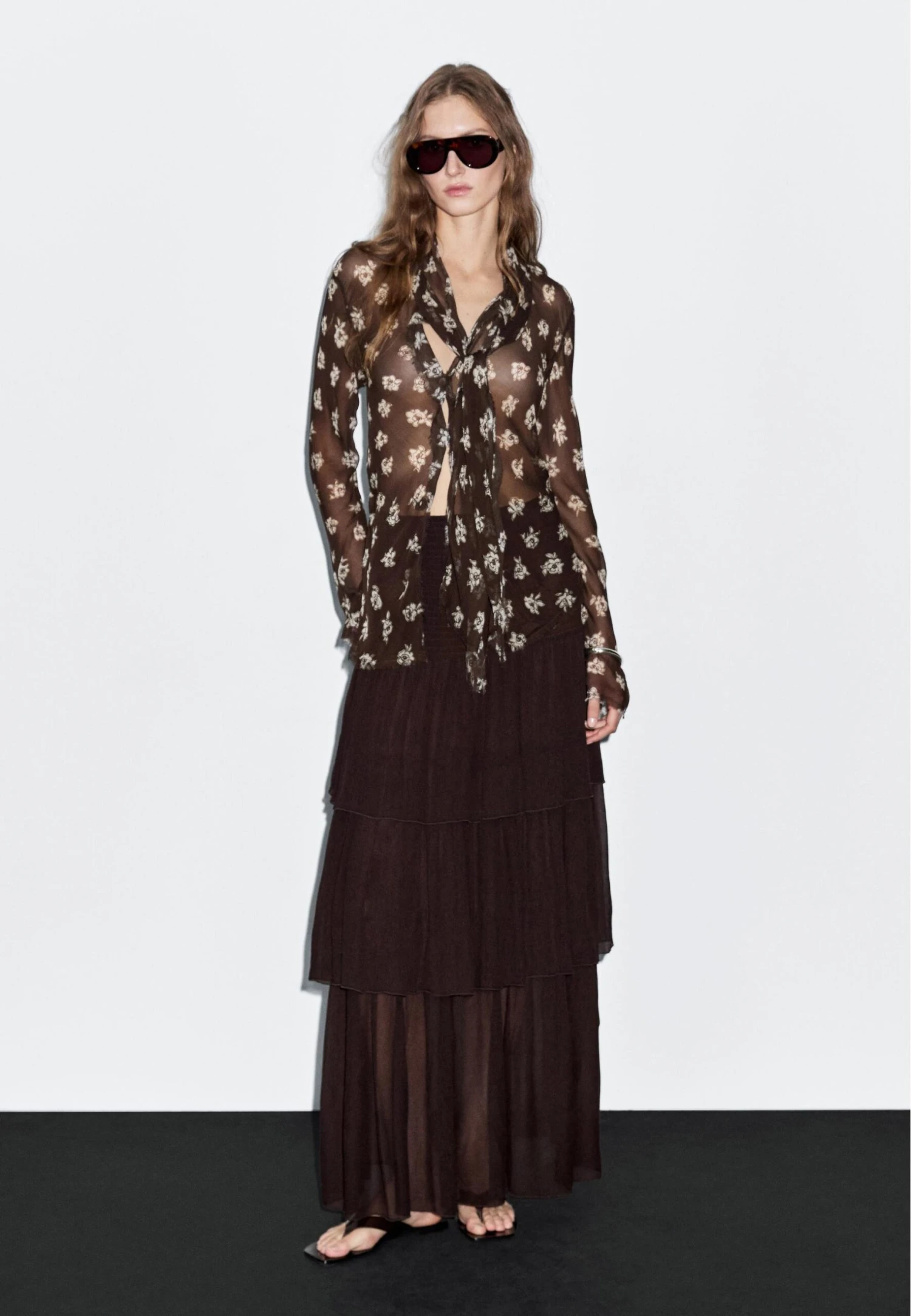 Massimo Dutti FLOWING GARMENT WITH SCARF COLLAR - Blouse - Mottled Dark Brown 4 Massimo Dutti FLOWING GARMENT WITH SCARF COLLAR - Blouse - Mottled Dark Brown - Image 2