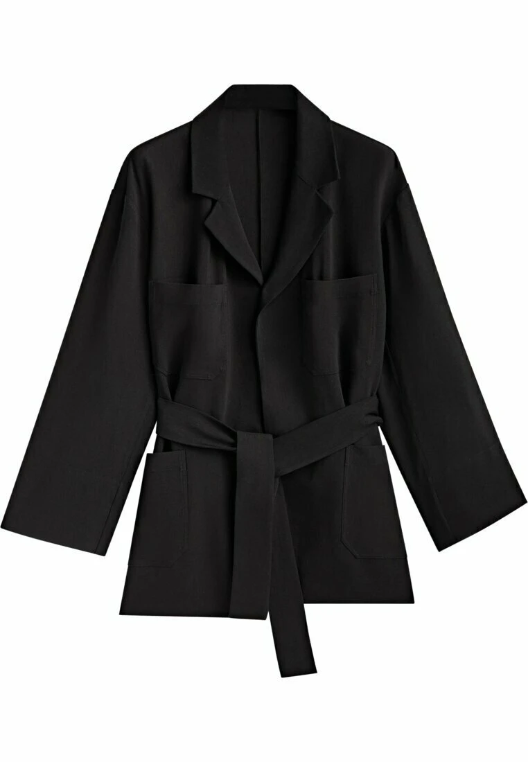 Massimo Dutti Flowing With And Tie Detail - Short Coat - Black 3 Massimo Dutti Flowing With And Tie Detail - Short Coat - Black