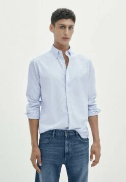 Massimo Dutti Soft Wash Regular Fit Striped Oxford- Shirt - Light Blue