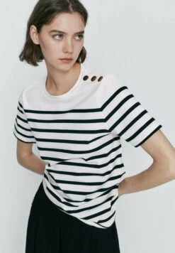 Massimo Dutti Striped With Shoulder Buttons - Print T-Shirt - White