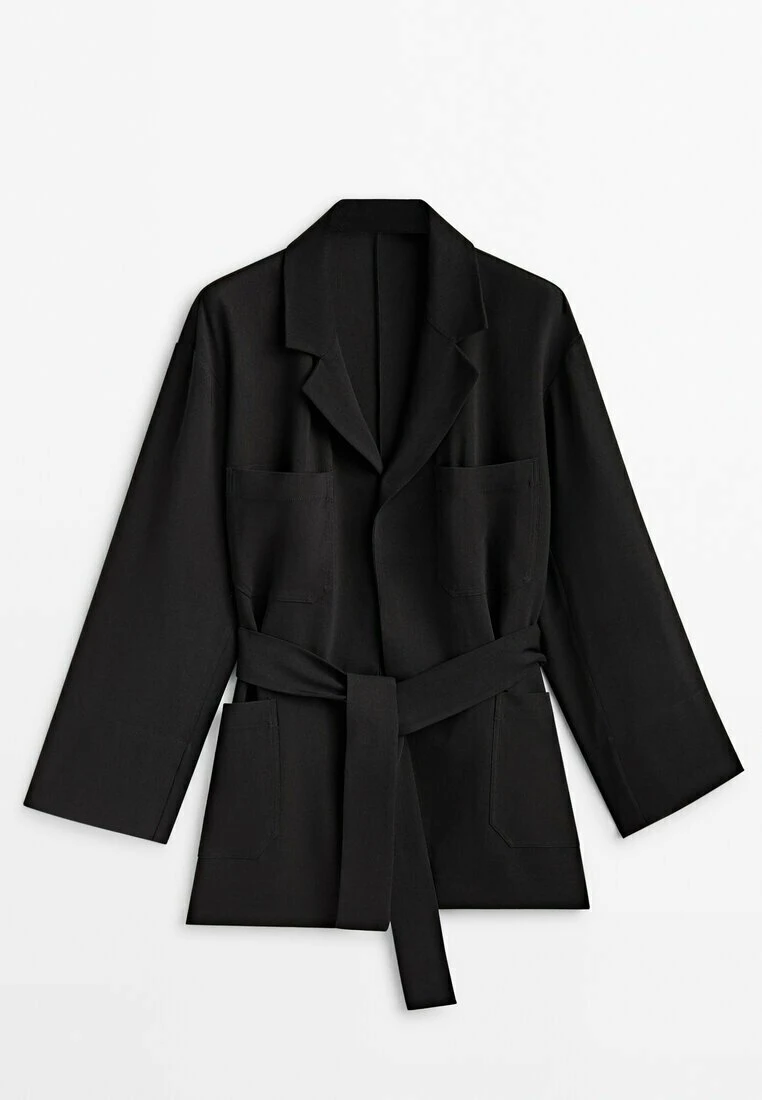 Massimo Dutti Flowing With And Tie Detail - Short Coat - Black 8 Massimo Dutti Flowing With And Tie Detail - Short Coat - Black - Image 6