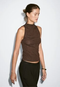 Massimo Dutti METALLIC-EFFECT HALTER NECK - Top - Dark Brown
