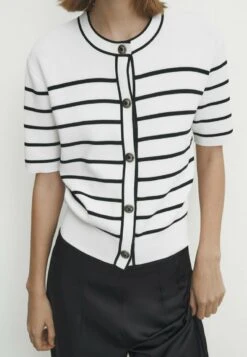 Massimo Dutti Striped Short Sleeve- Cardigan - White