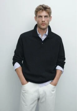 Massimo Dutti CASHMERE LONG SLEEVE POLO COLLAR - Long Sleeved Top - Dark Blue