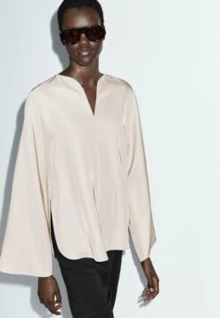 Massimo Dutti FLOWING V-NECK LONG SLEEVE - Blouse - Mottled Beige