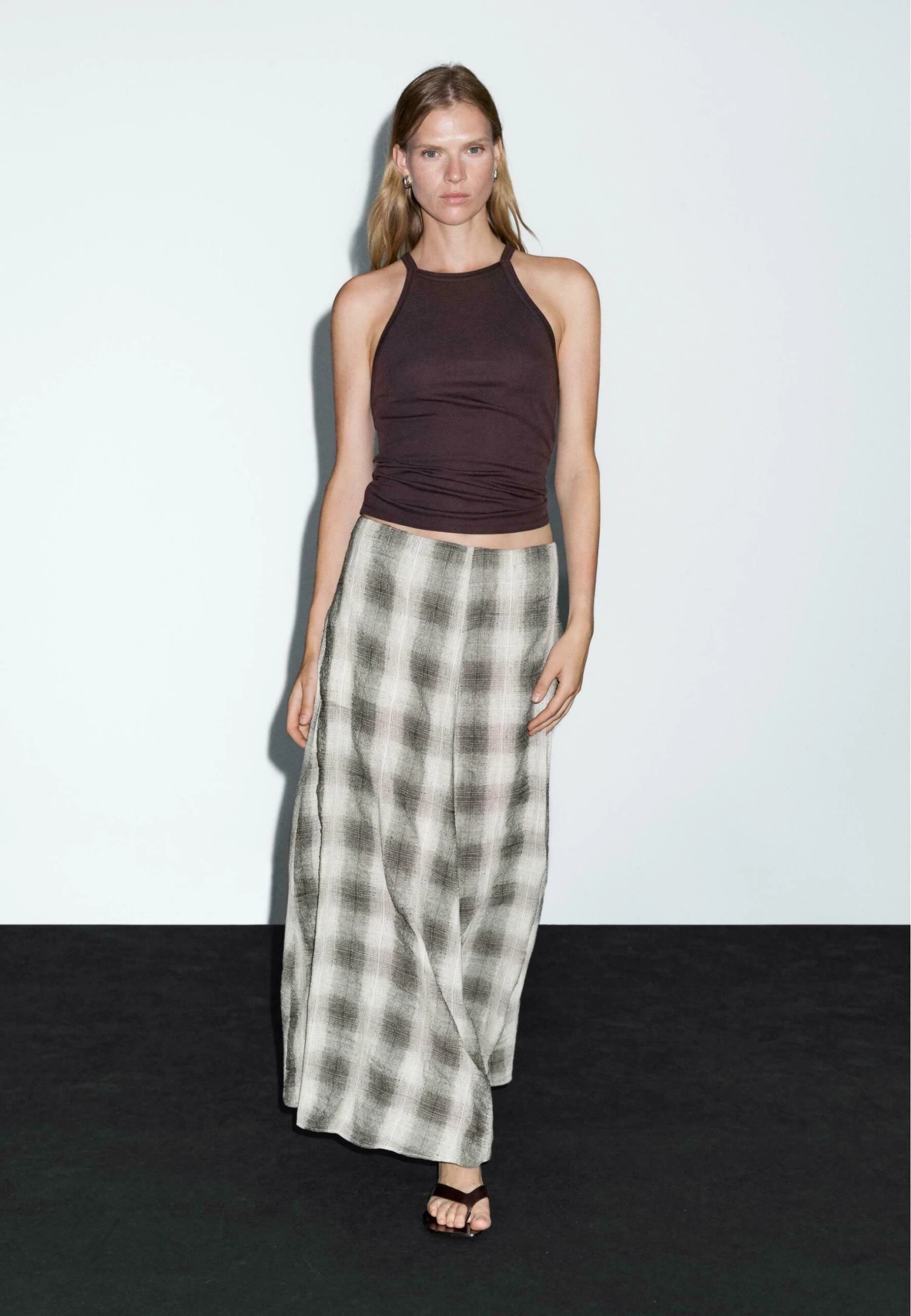Massimo Dutti LONG FLARED CHECK - Maxi Skirt - Grey 5 Massimo Dutti LONG FLARED CHECK - Maxi Skirt - Grey - Image 3