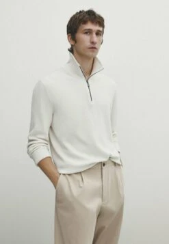 Massimo Dutti Textured Mock Neck With Zip - Jumper - Beige