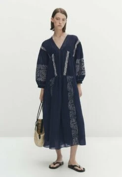 Massimo Dutti Blend Midi With Embroidery Detail - Day Dress - Dark Blue