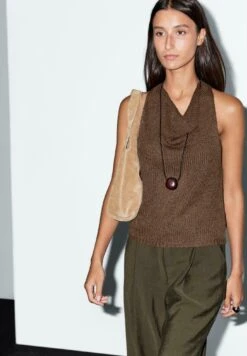 Massimo Dutti SLEEVELESS HALTER NECK - Jumper - Dark Brown