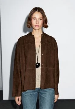 Massimo Dutti OVERSHIRT - Leather Jacket - Mottled Brown