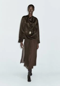 Massimo Dutti FLOWING WITH DRAPED COLLAR - Blouse - Dark Brown