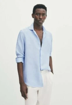 Massimo Dutti Regular Fit Textured Oxford - Formal Shirt - Light Blue