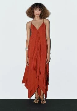 Massimo Dutti FLOWING MIDI WITH RUFFLES - Cocktail Dress / Party Dress - Orange