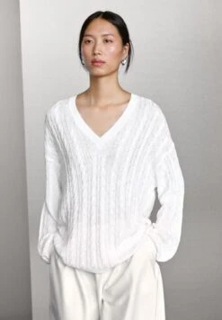 Massimo Dutti WIDE V-NECK OPEN-KNIT - Jumper - White