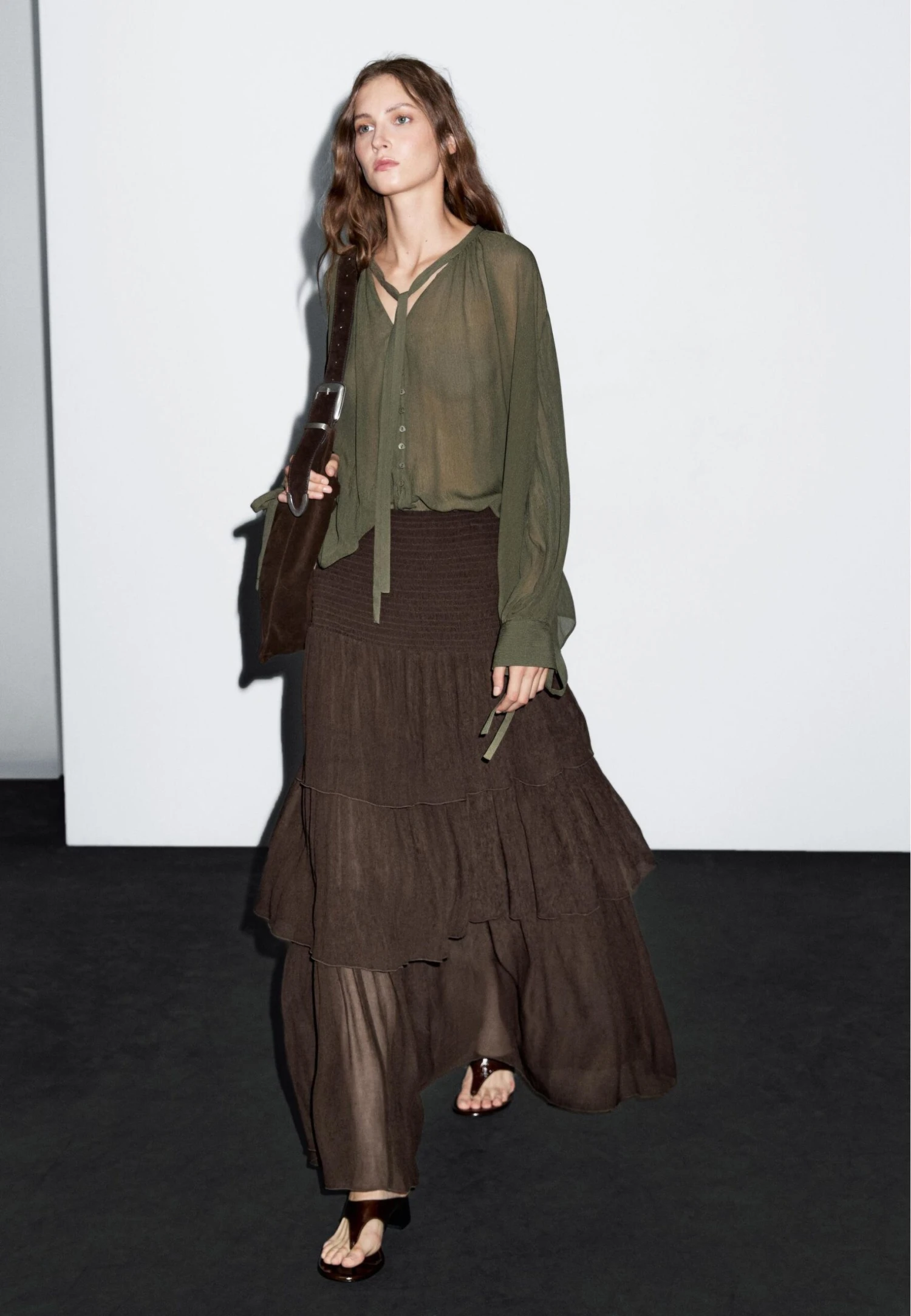 Massimo Dutti LONG RUFFLED - A-line Skirt - Mottled Dark Brown 6 Massimo Dutti LONG RUFFLED - A-line Skirt - Mottled Dark Brown - Image 4